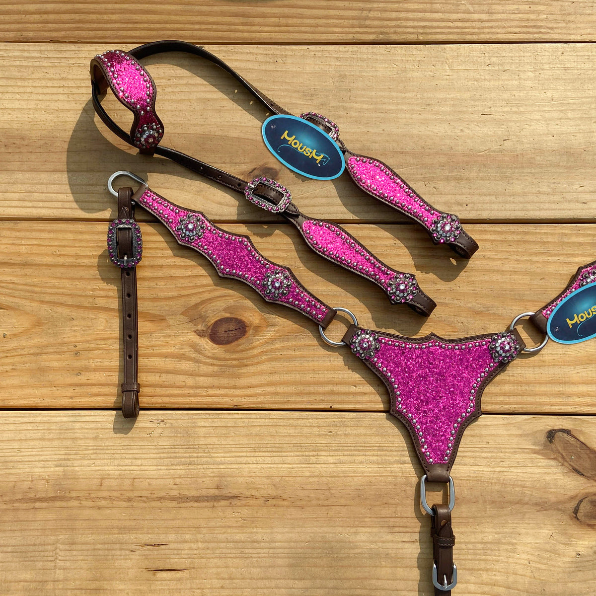 Hot Pink Glitter Western Horse Tack Set with Bling Conchos and Silver Studs