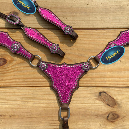 Hot Pink Glitter Western Horse Tack Set with Bling Conchos and Silver Studs