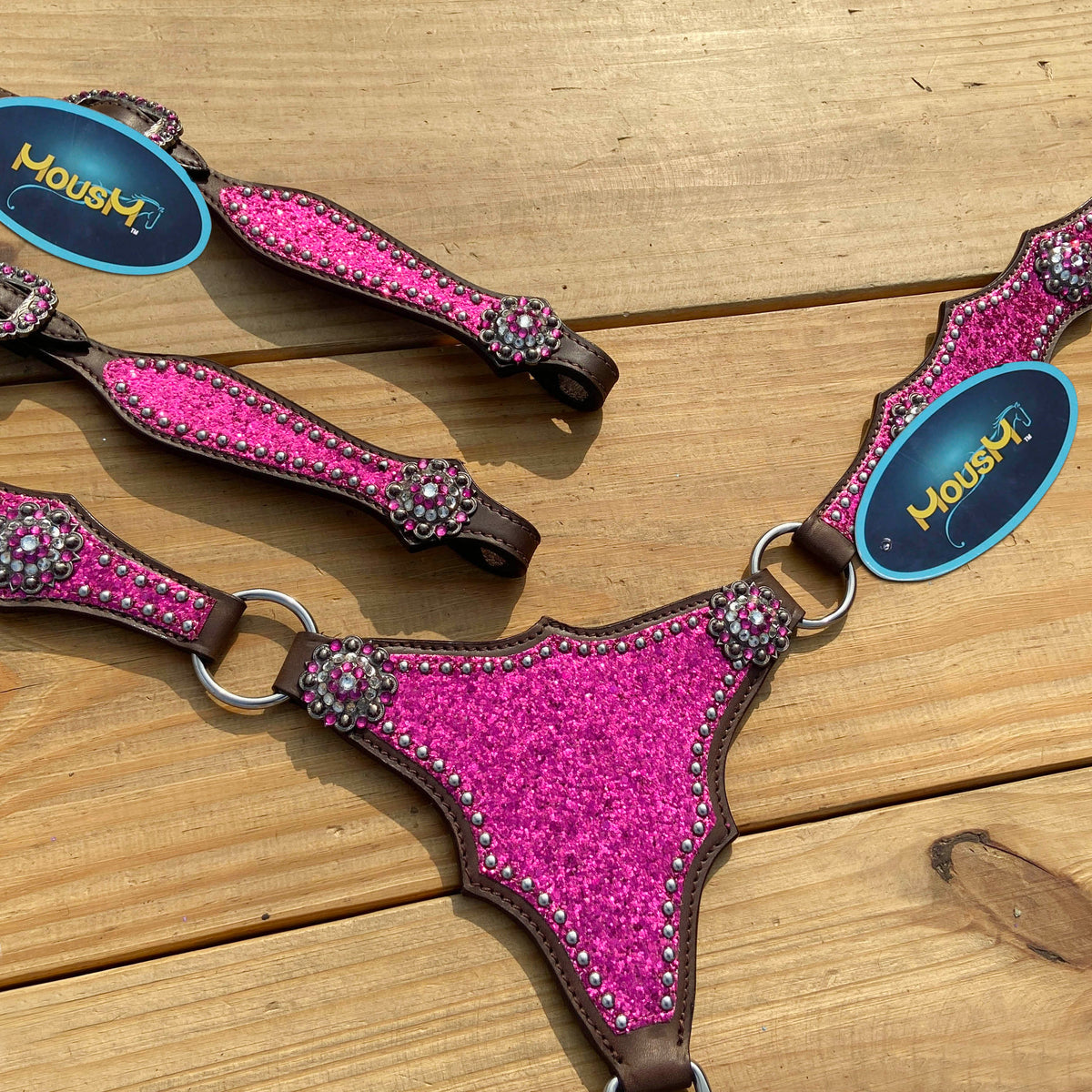 Hot Pink Glitter Western Horse Tack Set with Bling Conchos and Silver Studs