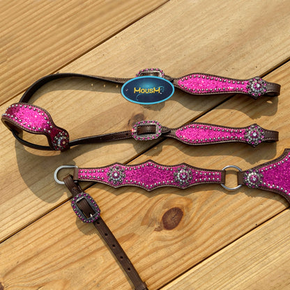 Hot Pink Glitter Western Horse Tack Set with Bling Conchos and Silver Studs
