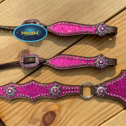 Hot Pink Glitter Western Horse Tack Set with Bling Conchos and Silver Studs