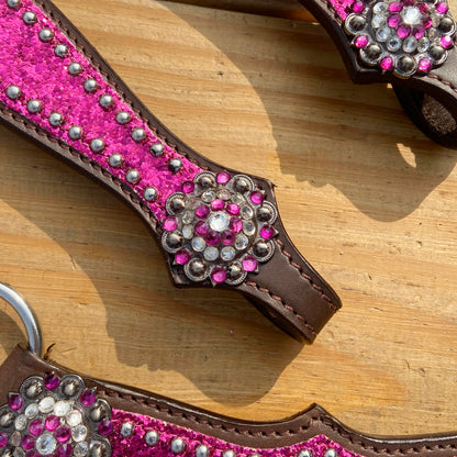 Hot Pink Glitter Western Horse Tack Set with Bling Conchos and Silver Studs