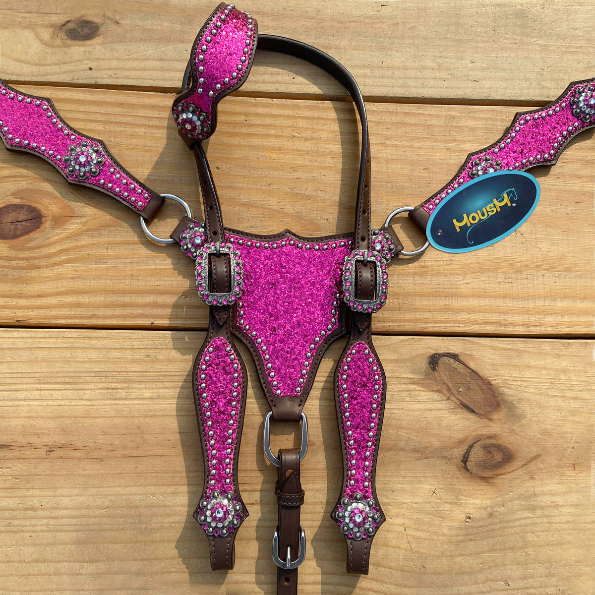 Hot Pink Glitter Western Horse Tack Set with Bling Conchos and Silver Studs