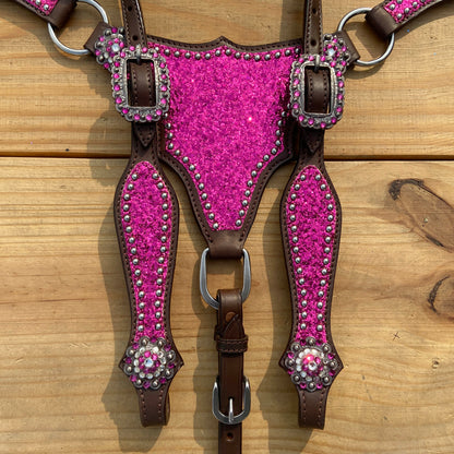 Hot Pink Glitter Western Horse Tack Set with Bling Conchos and Silver Studs