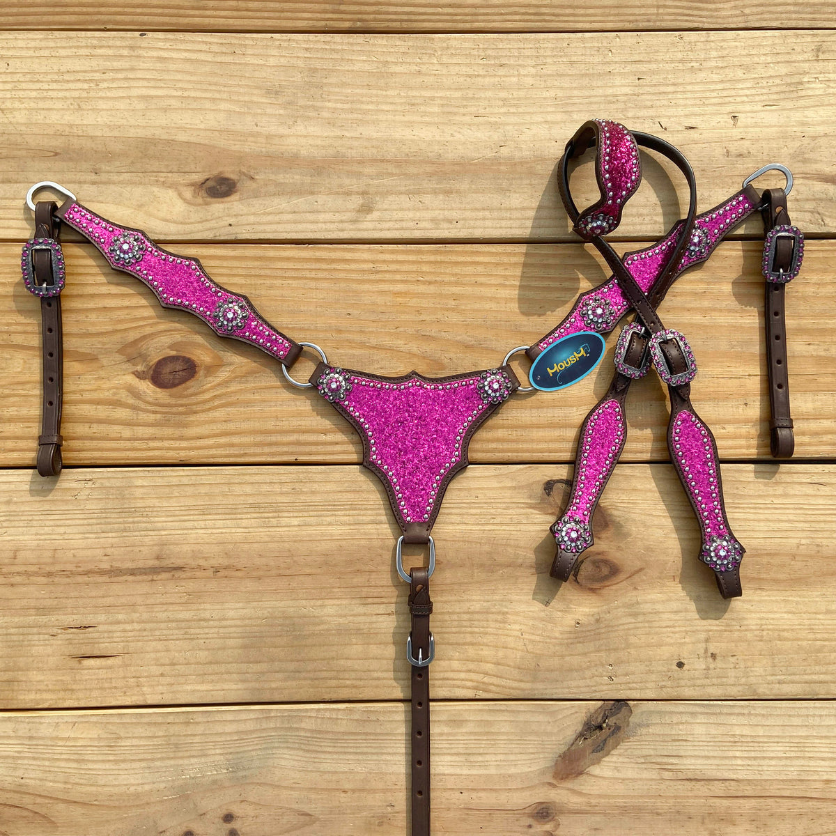 Hot Pink Glitter Western Horse Tack Set with Bling Conchos and Silver Studs