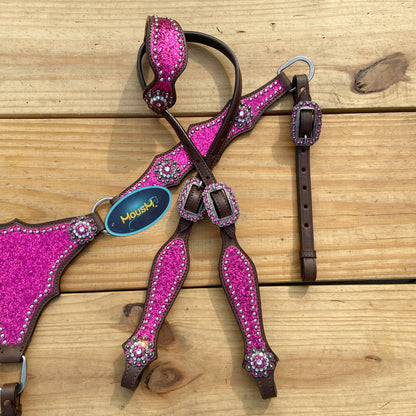 Hot Pink Glitter Western Horse Tack Set with Bling Conchos and Silver Studs