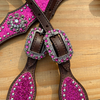 Hot Pink Glitter Western Horse Tack Set with Bling Conchos and Silver Studs