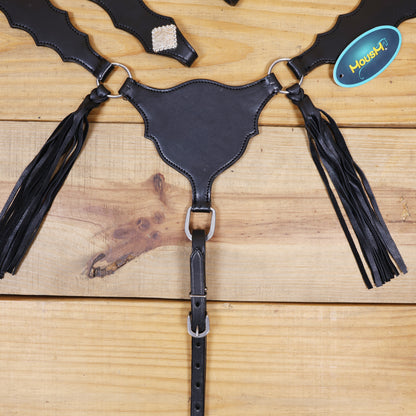 Western Leather Headstall and Breast Collar tack Set decorated with Plain black  leather