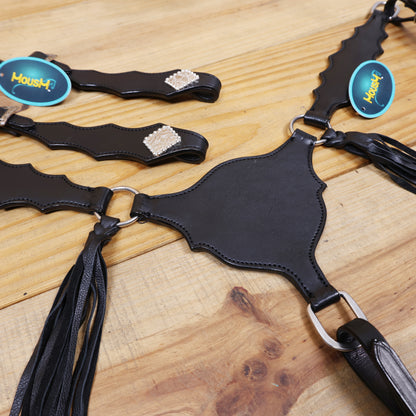 Western Leather Headstall and Breast Collar tack Set decorated with Plain black  leather