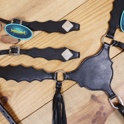Western Leather Headstall and Breast Collar tack Set decorated with Plain black  leather