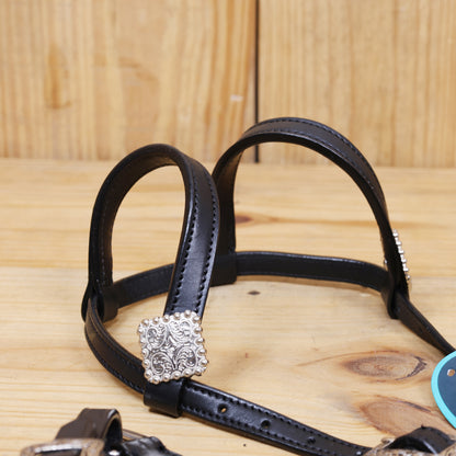 Western Leather Headstall and Breast Collar tack Set decorated with Plain black  leather