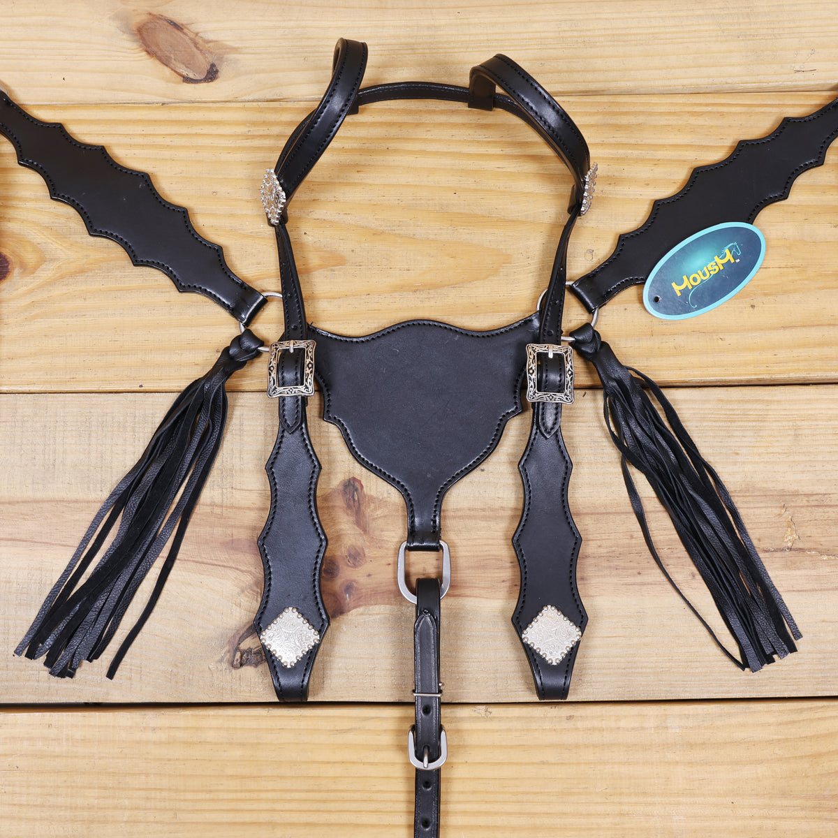 Western Leather Headstall and Breast Collar tack Set decorated with Plain black  leather