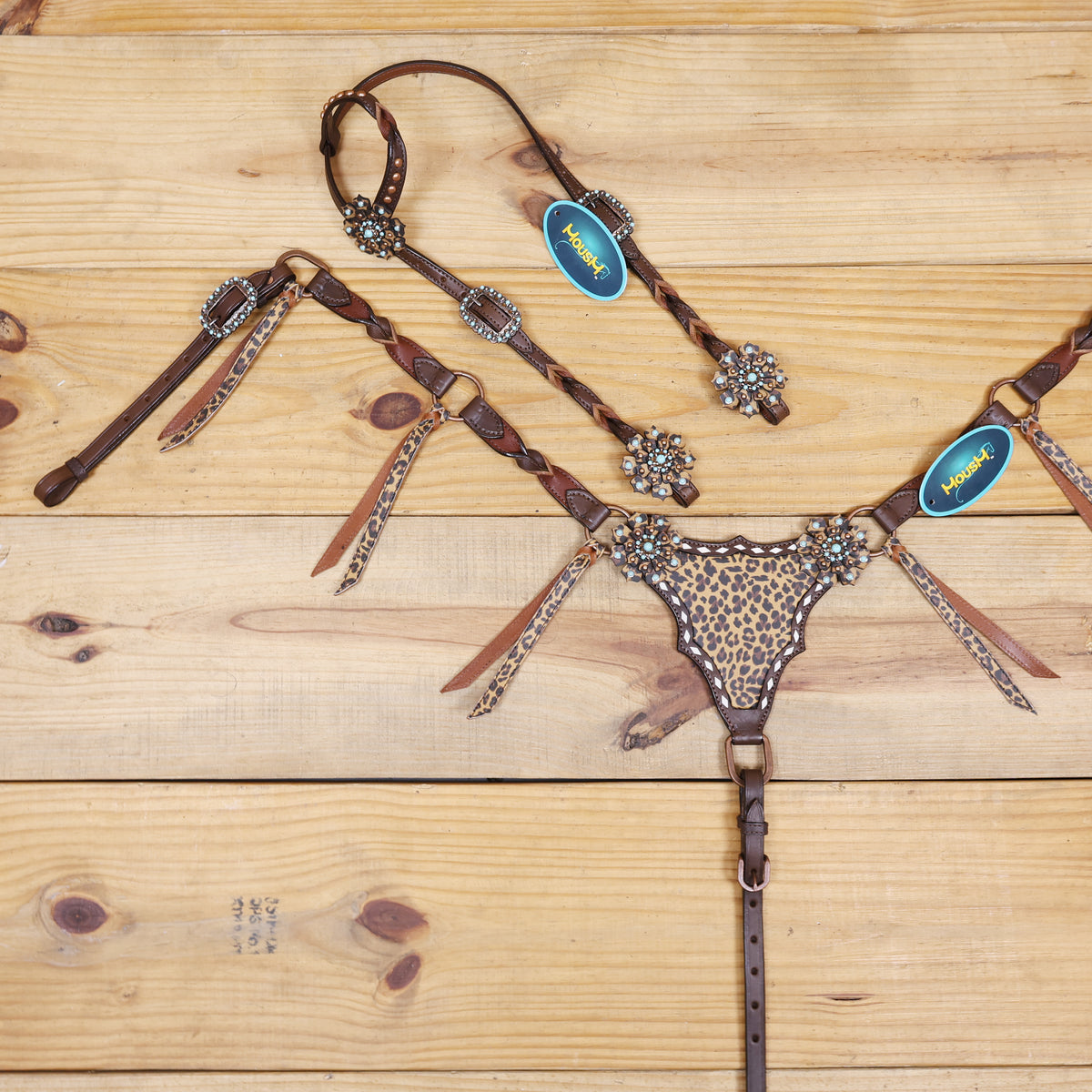 Western Leather Headstall and Breast Collar tack Set decorated with Leopard Print having cress cross braiding with leopard laces