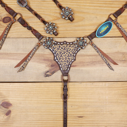 Western Leather Headstall and Breast Collar tack Set decorated with Leopard Print having cress cross braiding with leopard laces