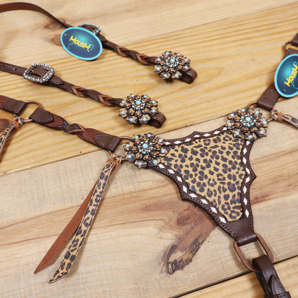 Western Leather Headstall and Breast Collar tack Set decorated with Leopard Print having cress cross braiding with leopard laces