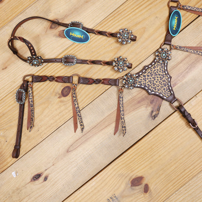 Western Leather Headstall and Breast Collar tack Set decorated with Leopard Print having cress cross braiding with leopard laces