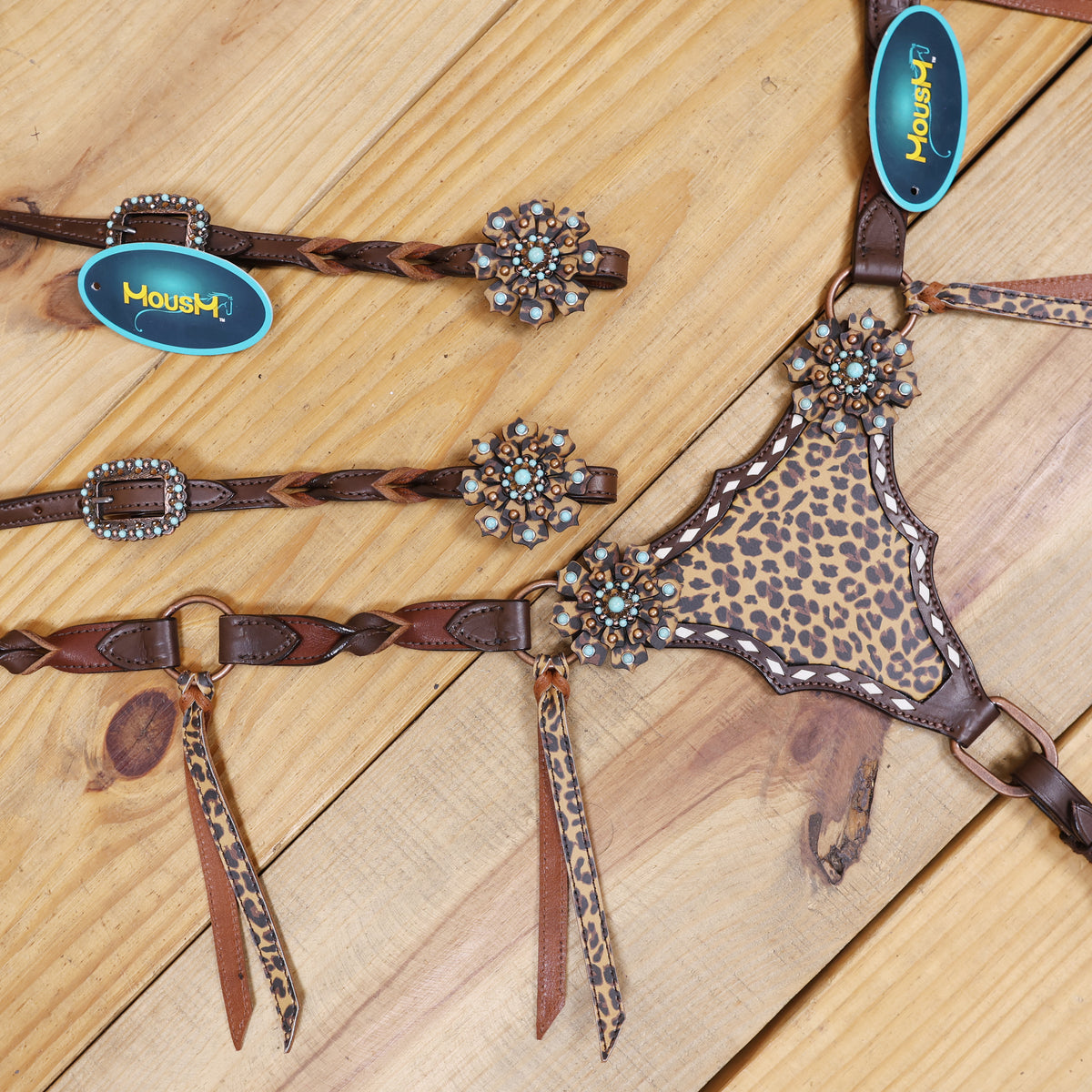 Western Leather Headstall and Breast Collar tack Set decorated with Leopard Print having cress cross braiding with leopard laces