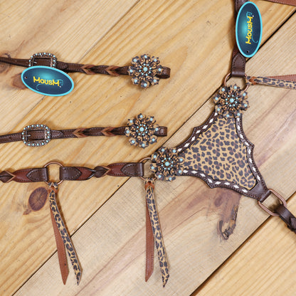 Western Leather Headstall and Breast Collar tack Set decorated with Leopard Print having cress cross braiding with leopard laces