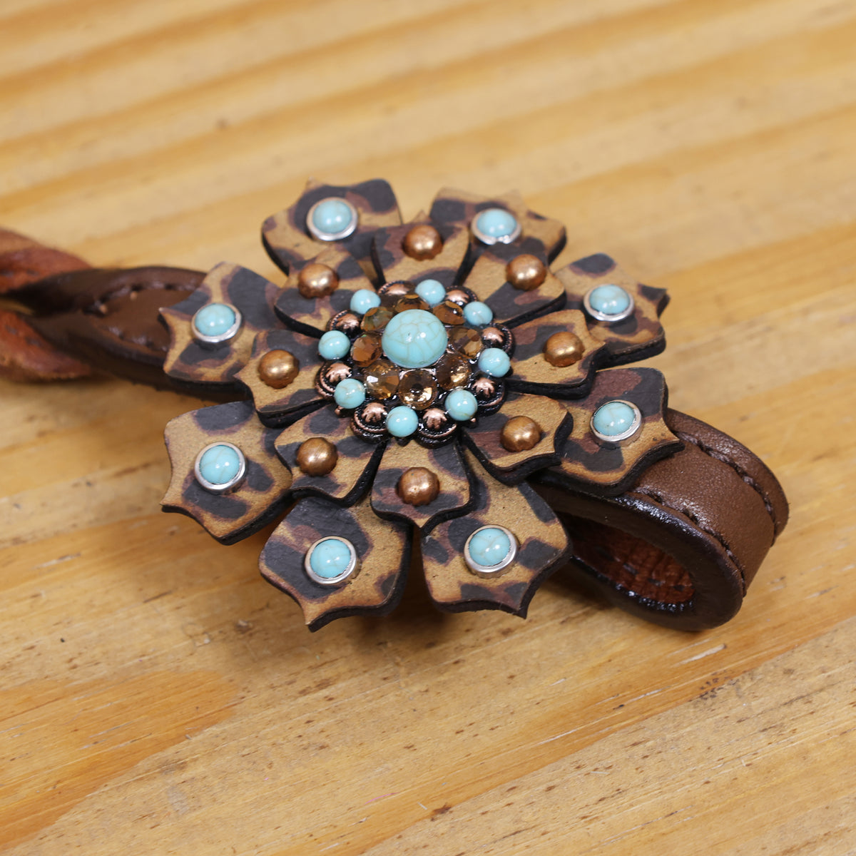 Western Leather Headstall and Breast Collar tack Set decorated with Leopard Print having cress cross braiding with leopard laces