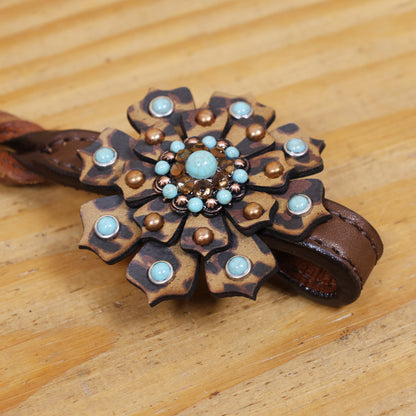 Western Leather Headstall and Breast Collar tack Set decorated with Leopard Print having cress cross braiding with leopard laces