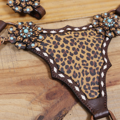 Western Leather Headstall and Breast Collar tack Set decorated with Leopard Print having cress cross braiding with leopard laces
