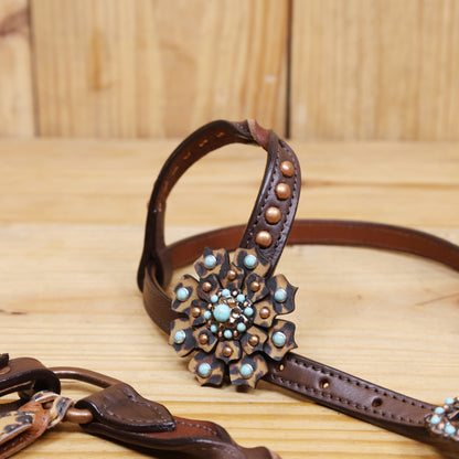 Western Leather Headstall and Breast Collar tack Set decorated with Leopard Print having cress cross braiding with leopard laces