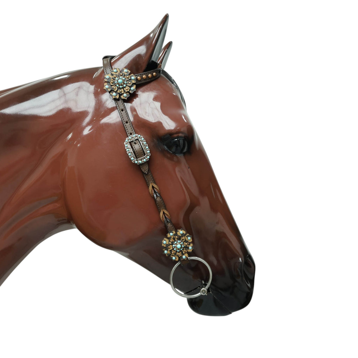 Western Leather Headstall and Breast Collar tack Set decorated with Leopard Print having cress cross braiding with leopard laces