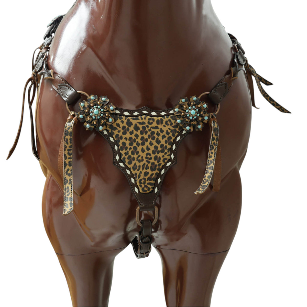 Western Leather Headstall and Breast Collar tack Set decorated with Leopard Print having cress cross braiding with leopard laces