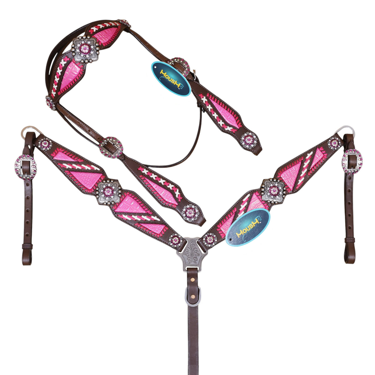 Western Leather Headstall and Breast Collar tack Set decorated with  Holographic Pink Alligator Print and Raw Hide Criss Cross Braiding with Big Bling Conchos