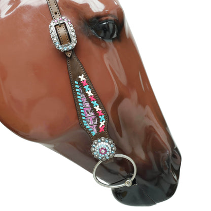 Western Leather Headstall and Breast Collar tack Set decorated with  Big Bling Conchos and Pink teal white raw hide braiding with pink alligator inlay