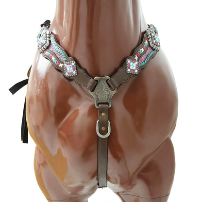 Western Leather Headstall and Breast Collar tack Set decorated with  Big Bling Conchos and Pink teal white raw hide braiding with pink alligator inlay