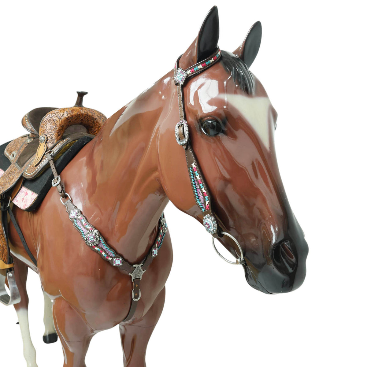 Western Leather Headstall and Breast Collar tack Set decorated with  Big Bling Conchos and Pink teal white raw hide braiding with pink alligator inlay