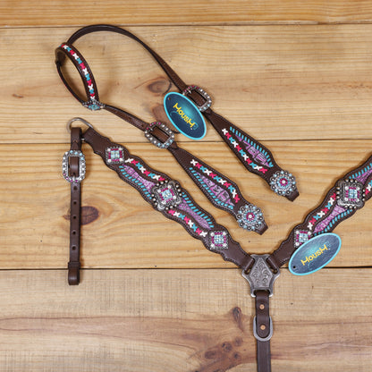Western Leather Headstall and Breast Collar tack Set decorated with  Big Bling Conchos and Pink teal white raw hide braiding with pink alligator inlay