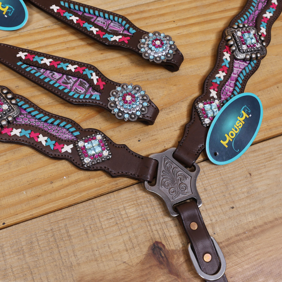 Western Leather Headstall and Breast Collar tack Set decorated with  Big Bling Conchos and Pink teal white raw hide braiding with pink alligator inlay