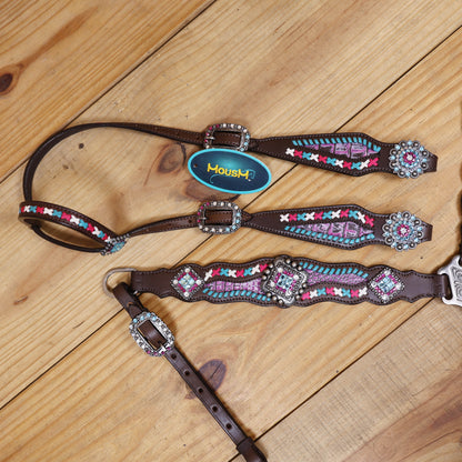 Western Leather Headstall and Breast Collar tack Set decorated with  Big Bling Conchos and Pink teal white raw hide braiding with pink alligator inlay