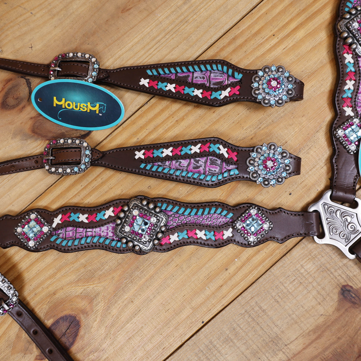 Western Leather Headstall and Breast Collar tack Set decorated with  Big Bling Conchos and Pink teal white raw hide braiding with pink alligator inlay