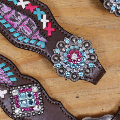 Western Leather Headstall and Breast Collar tack Set decorated with  Big Bling Conchos and Pink teal white raw hide braiding with pink alligator inlay