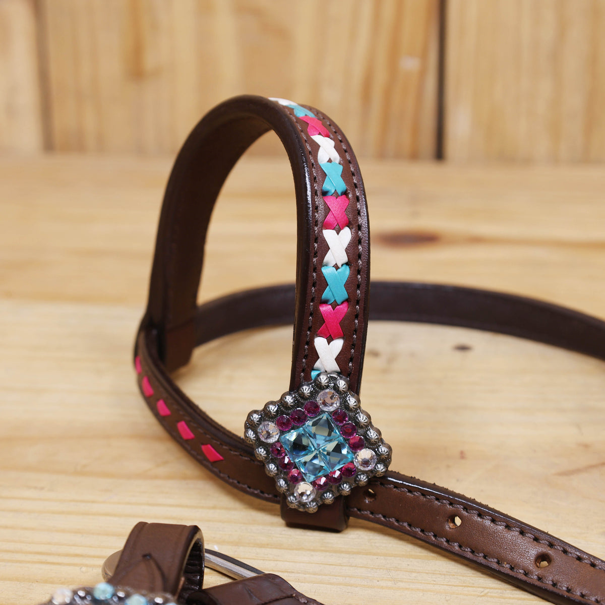 Western Leather Headstall and Breast Collar tack Set decorated with  Big Bling Conchos and Pink teal white raw hide braiding with pink alligator inlay