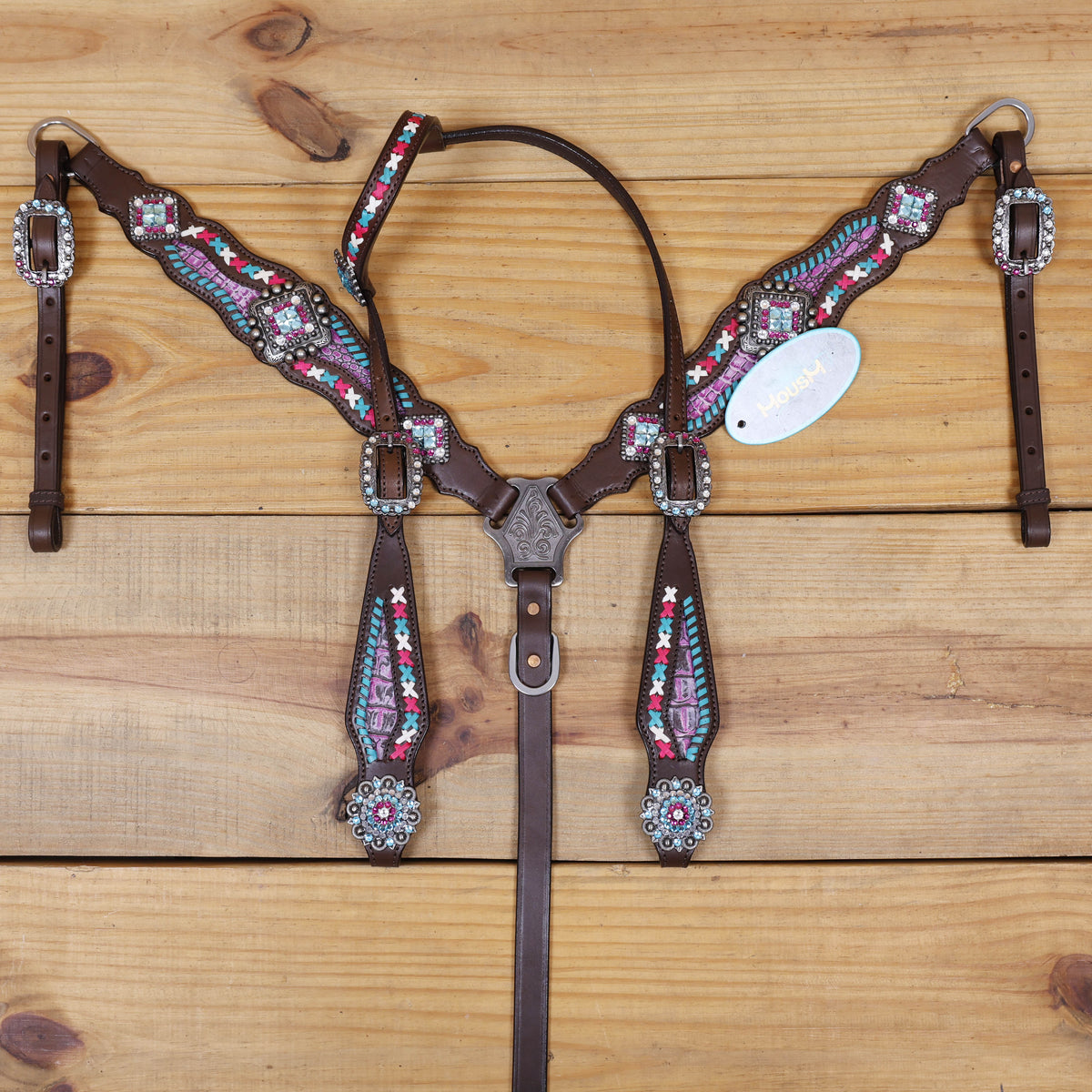 Western Leather Headstall and Breast Collar tack Set decorated with  Big Bling Conchos and Pink teal white raw hide braiding with pink alligator inlay