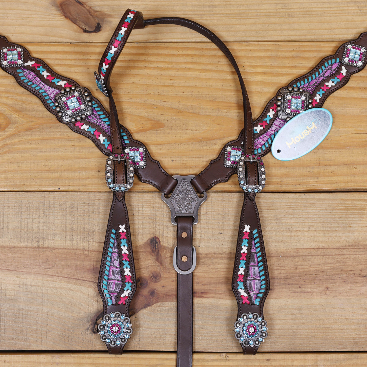 Western Leather Headstall and Breast Collar tack Set decorated with  Big Bling Conchos and Pink teal white raw hide braiding with pink alligator inlay
