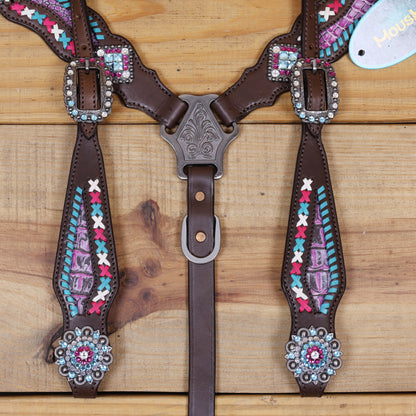 Western Leather Headstall and Breast Collar tack Set decorated with  Big Bling Conchos and Pink teal white raw hide braiding with pink alligator inlay