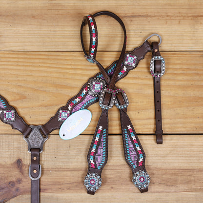Western Leather Headstall and Breast Collar tack Set decorated with  Big Bling Conchos and Pink teal white raw hide braiding with pink alligator inlay