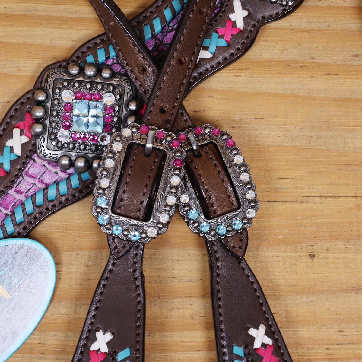 Western Leather Headstall and Breast Collar tack Set decorated with  Big Bling Conchos and Pink teal white raw hide braiding with pink alligator inlay