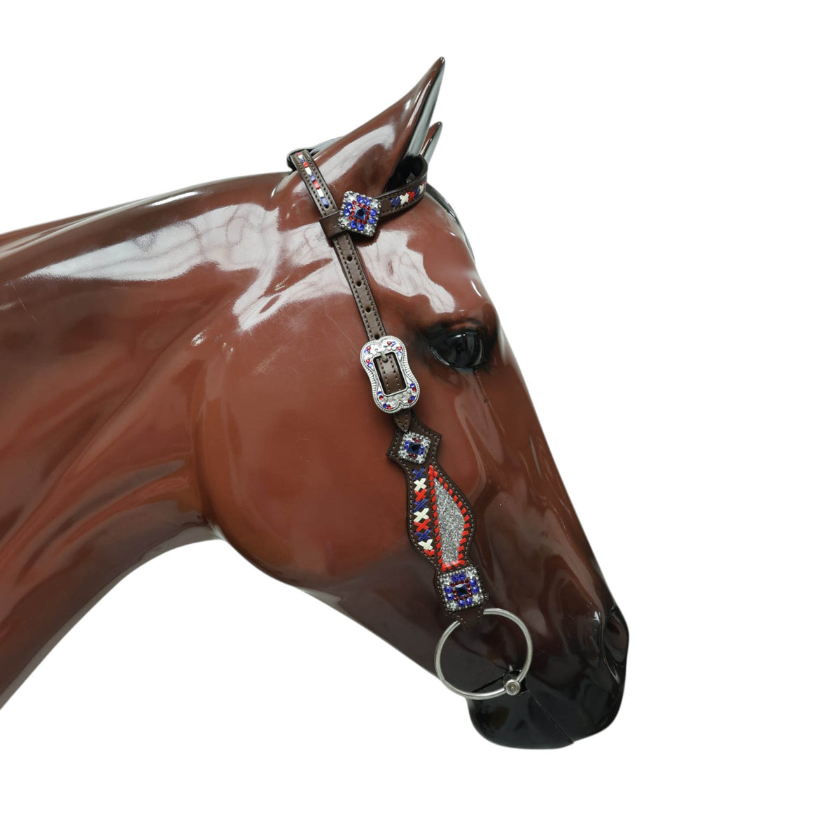 Western Leather Headstall and Breast Collar tack Set decorated with Patriotic Red Royal white stone conchos with silver glitter inlay and royal red ,white raw hide braiding