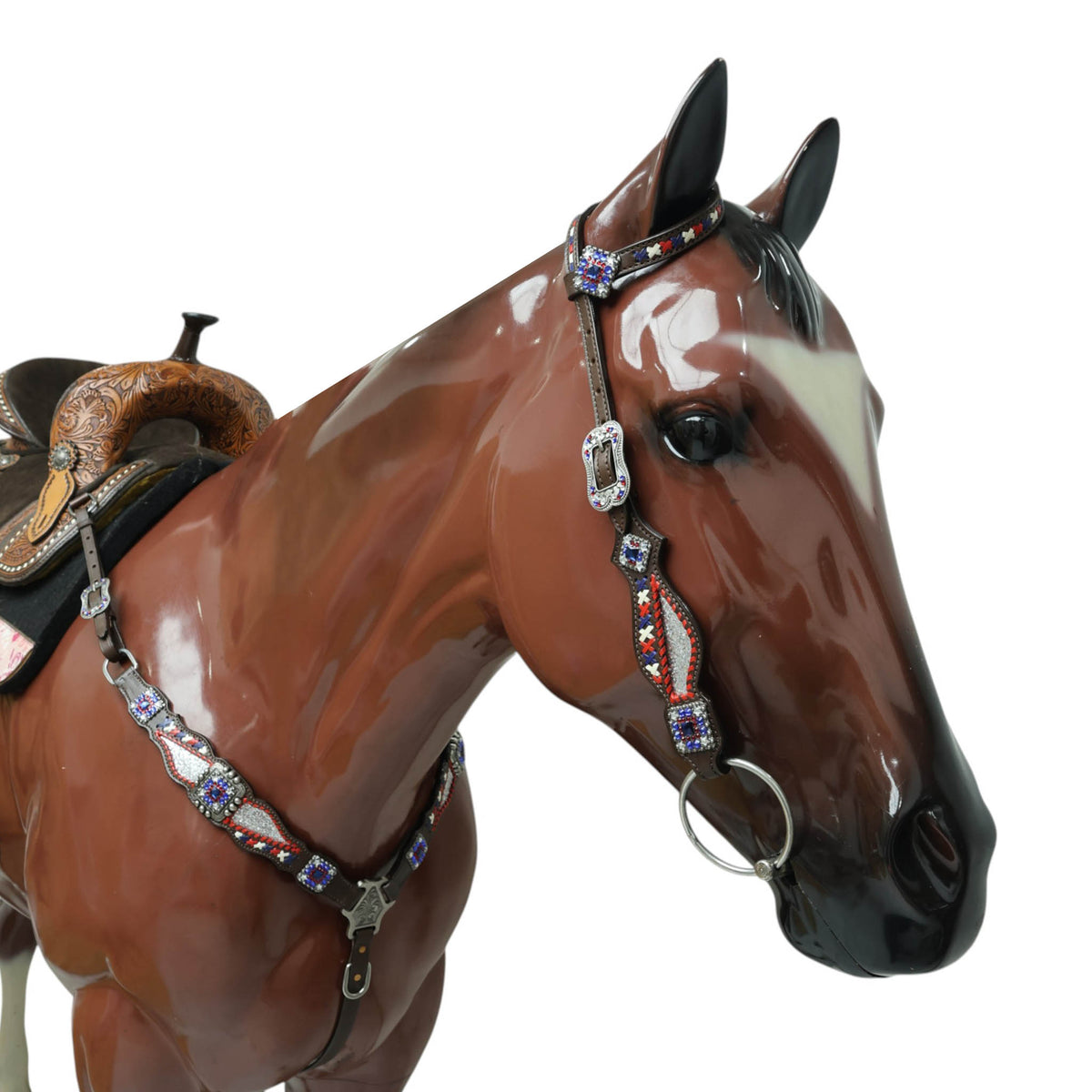 Western Leather Headstall and Breast Collar tack Set decorated with Patriotic Red Royal white stone conchos with silver glitter inlay and royal red ,white raw hide braiding