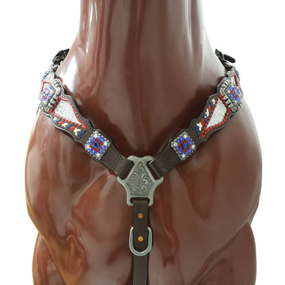 Western Leather Headstall and Breast Collar tack Set decorated with Patriotic Red Royal white stone conchos with silver glitter inlay and royal red ,white raw hide braiding