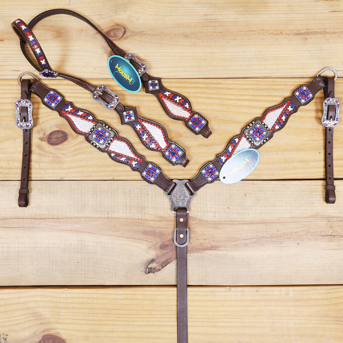 Western Leather Headstall and Breast Collar tack Set decorated with Patriotic Red Royal white stone conchos with silver glitter inlay and royal red ,white raw hide braiding