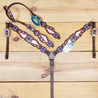 Western Leather Headstall and Breast Collar tack Set decorated with Patriotic Red Royal white stone conchos with silver glitter inlay and royal red ,white raw hide braiding