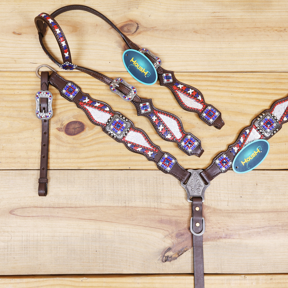 Western Leather Headstall and Breast Collar tack Set decorated with Patriotic Red Royal white stone conchos with silver glitter inlay and royal red ,white raw hide braiding