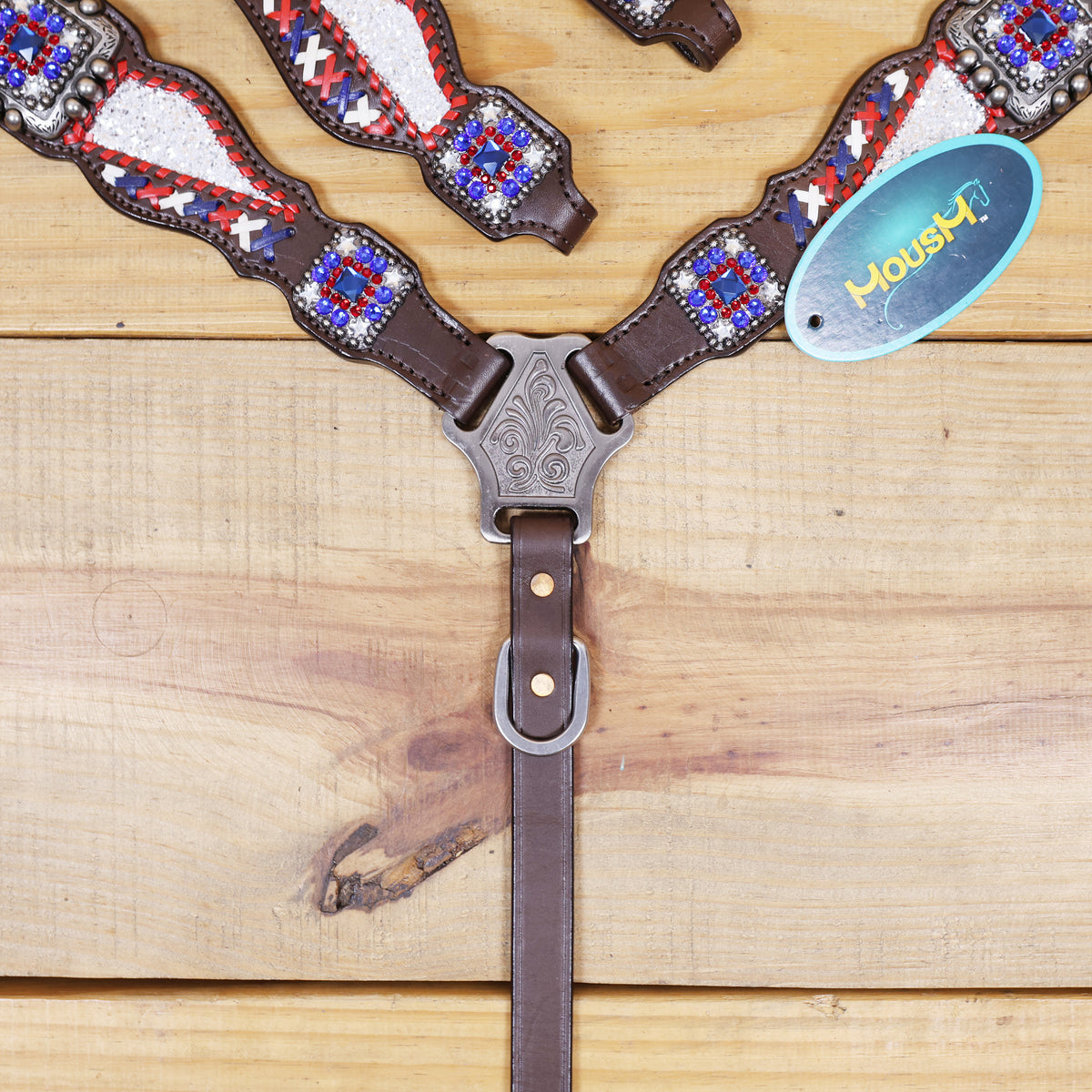 Western Leather Headstall and Breast Collar tack Set decorated with Patriotic Red Royal white stone conchos with silver glitter inlay and royal red ,white raw hide braiding